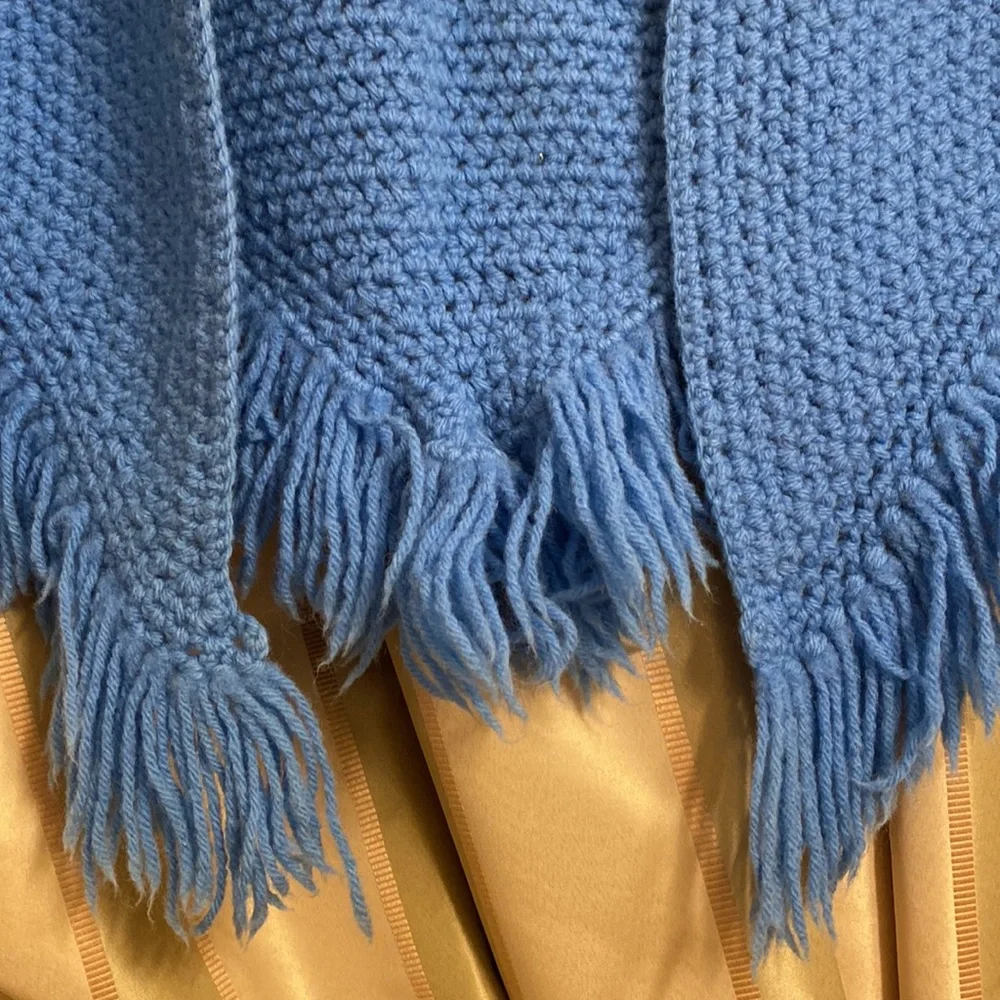 New blue crochet BOHO shawl Petite-24” neck to point w/out 3 1/2” fringe - Picture 2 of 4